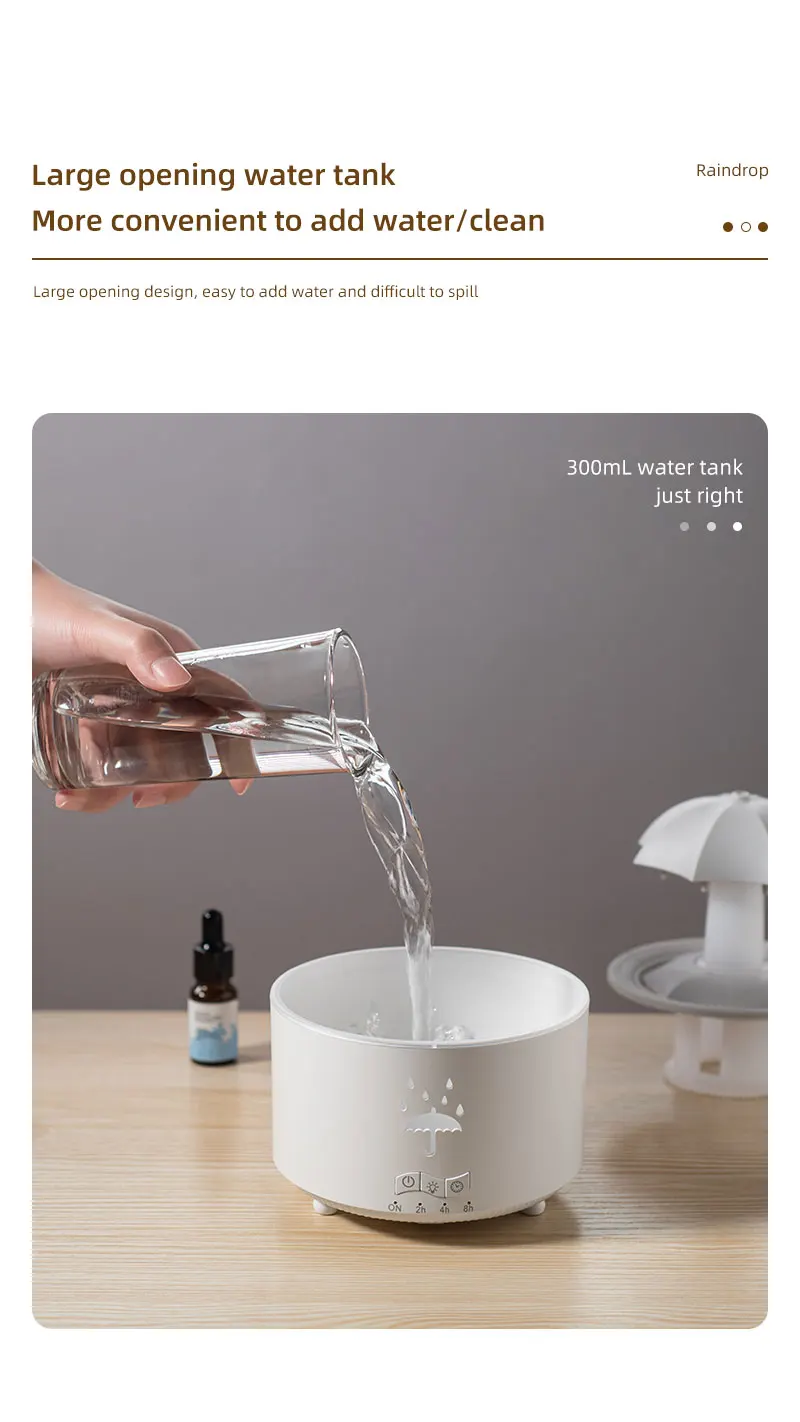 Seven Color Lighting Rotating Aroma Diffuser Essential Oil Aromatherapy Raindrop Air Humidifier with Umbrella for Household