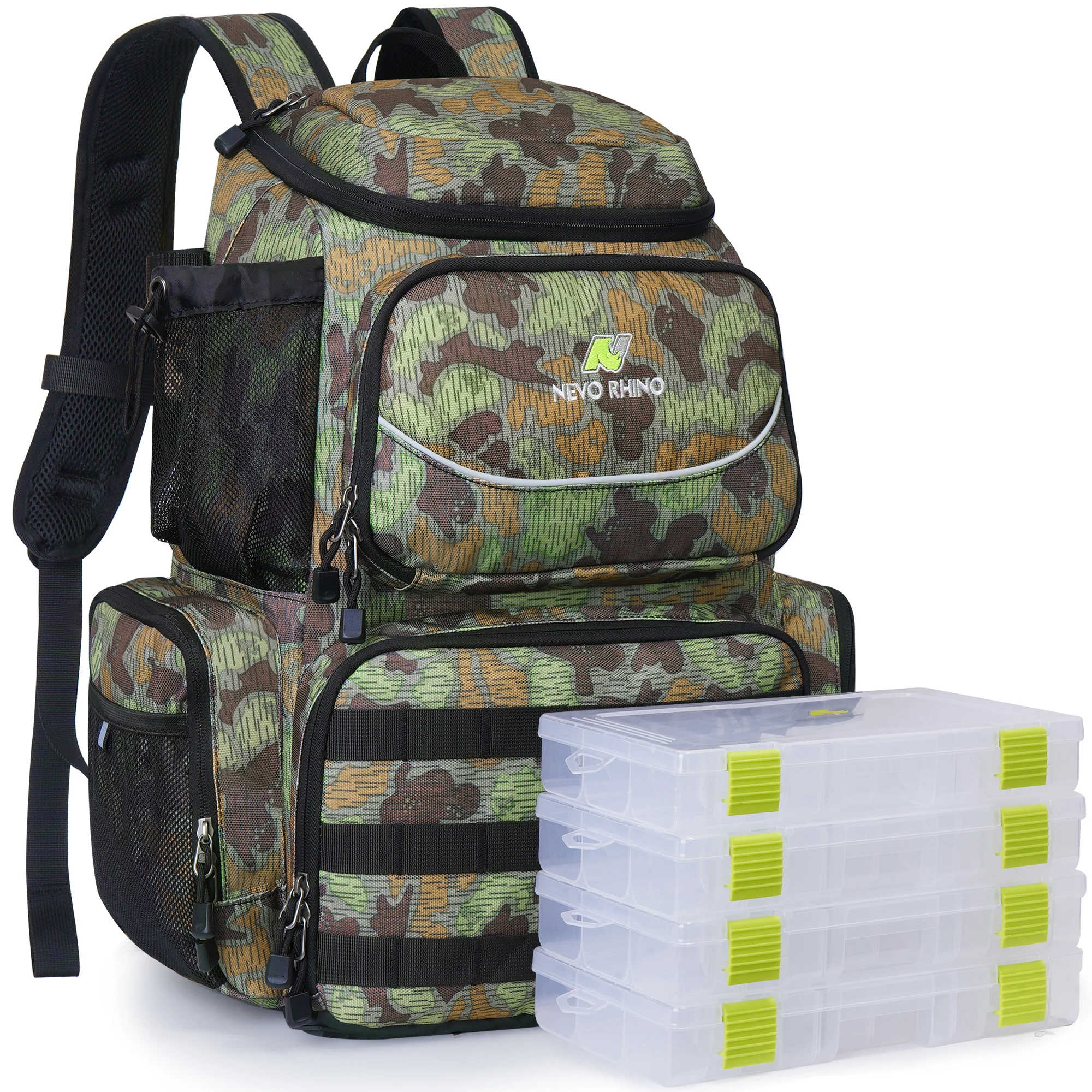 NEVO RHINO 40L Fishing Backpack with 4 Tackle Boxes Fishing Rod Holder Waterproof Rain Cover