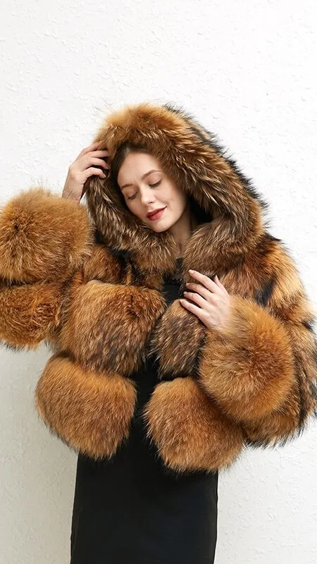 Custom Thick Warm Short Style Furry Collar Racoon Fur Coat Women Big ...