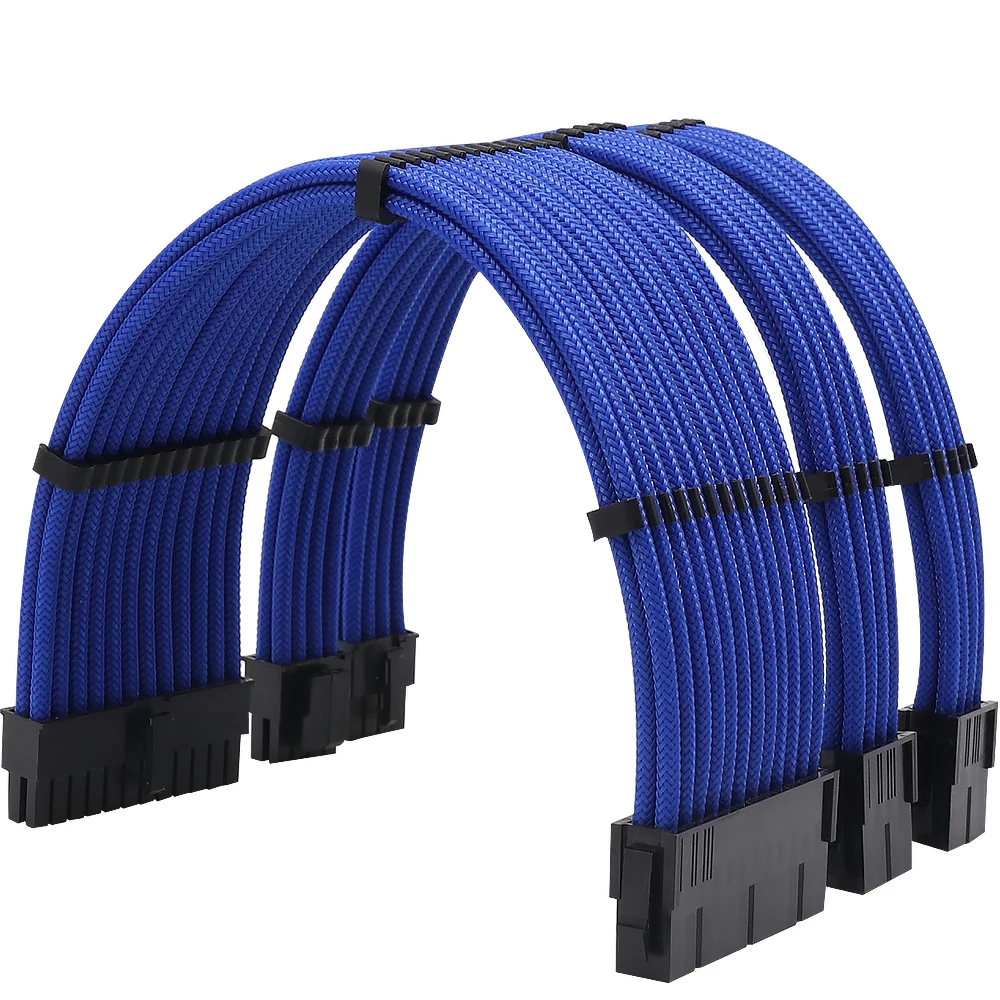 Curved Extension Cord 24pin*2 4+4pin EPS*1 Pcie 8pin (6pin+2pin)pcie*2 Sleeved Power Supply Extension Cable Blue Computer