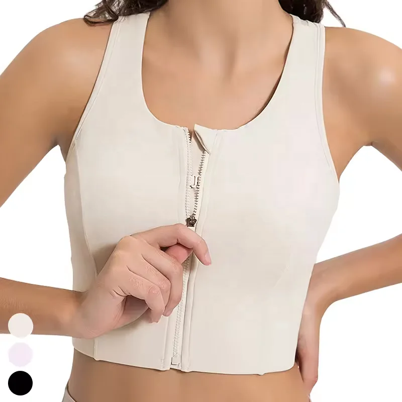 Quick Dry Fixed Pad Mesh Patchwork Yoga Bra Front Zipper Sport Bras High Impact Gym Fitness Tank Top Sports Bra for Women