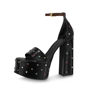 Customized Women Thick Platform Heel Square Open Toe High Chunky Heeled Sandals Colorful Diamonds Summer Black Female Shoes