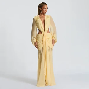 2025 Summer New Deep V Hollow Chiffon Dress Sexy Solid Color Tie Pleated Long Dress Best Online Shopping 2 pcs Dress Set
