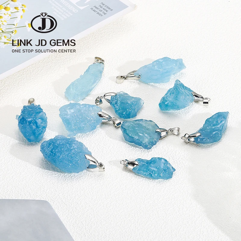 Necklace Single Design Semi-Precious Pendants Rough Raw with Blue Stone  Natural Aquamarine Stone Pendant