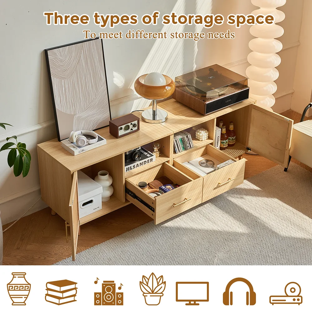 Large Modern MDF TV Stand 75\" LED Light Charging Station Coastal Media Console Rattan Door Multimedia Storage Furniture 2 factory