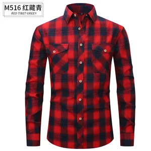 Men's Slim-Fit Flannel Plaid Shirt Spring/Summer Fashion with Double Pocket Long-Sleeved Single Breasted Formal Patchwork Design