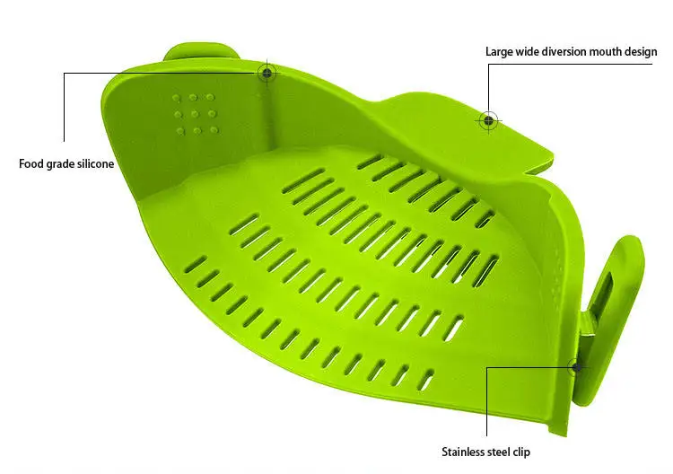 Kitchen Gadget Tool Strain Pot and Pasta Strainer Adjustable Silicone Clip on Strainer for Pans