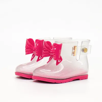 
Весна-Осень 2020, новый дизайн, водонепроницаемые Прозрачные блестящие детские дождевые сапоги из ПВХ с бантом 