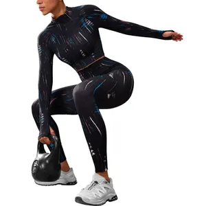 Wholesale Women's  Yoga Sets Painted Long Sleeve Top and High Elastic Pants Tummy Control Comfortable Sports Outwear Sets