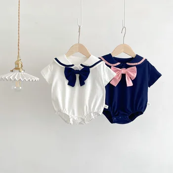 Girls' summer new baby trendy preppy style lapel bow romper newborn triangle jumpsuit