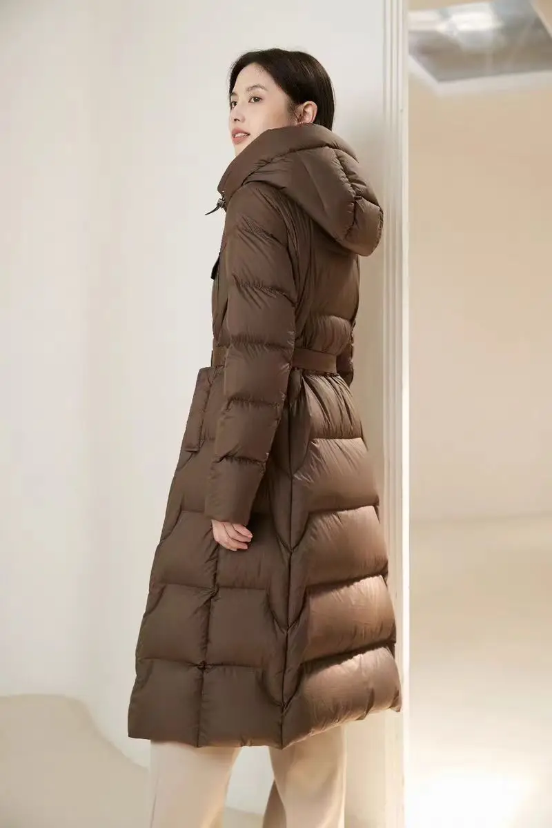 High Quality Women's Winter Parka Long Puffer Down Jacket with Hooded Collar Belt Thick Warmth Quilted Windbreaker Outdoor Coat