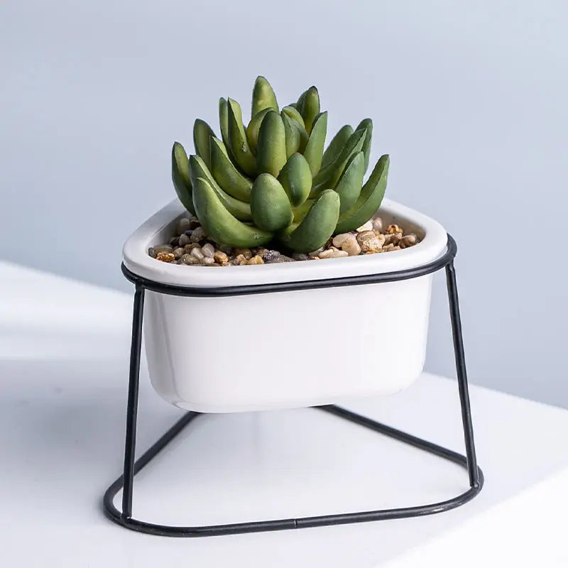 Home Decor Mini Elegant Creative White Artificial Plant Ceramic Succulent Pots With Metal Leg Stand