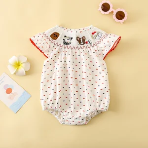 Custom Baby Clothes Casual Shirred Smocked Baby Clothing Jumpsuit Embroidered Puppy Toddler Rompers