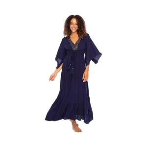Women's Casual Boho Maxi Dress Deep V Neck Bali's Long Flowy Summer Sundress Natural Waistline Lace Chiffon Washable Plain Dyed