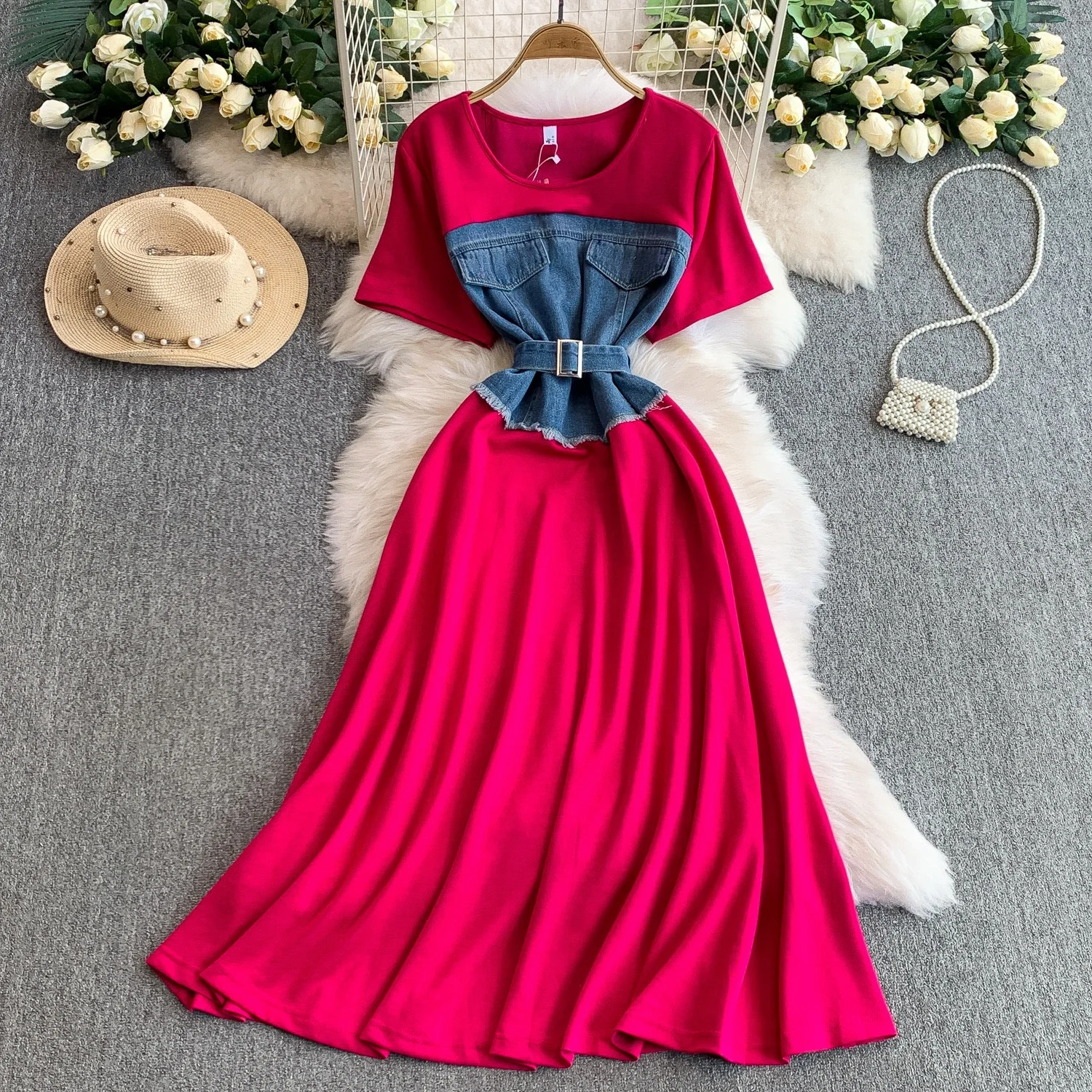 デニムパッチワーク編み込みショートスリーブ夏用防静電高腰シェイプ効果ミドル丈スカートドレス（レディース）