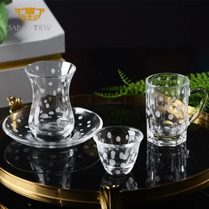6 Piece Arabic Serving Glass Crystal Tea and Coffee Cup Coaster Set Hand-carved Turkish Kitchen Drinkware