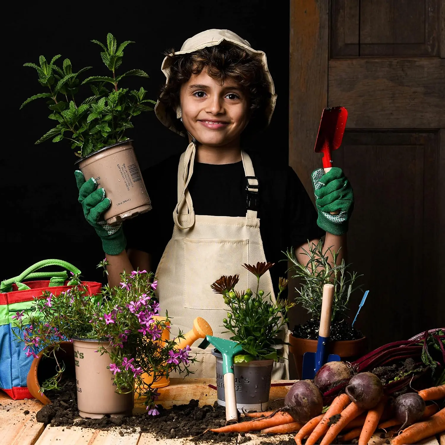 Kids Garden Tools Set Hand and Equipment Kit with Apron Gloves Shovel Fork Rake Mini Toy