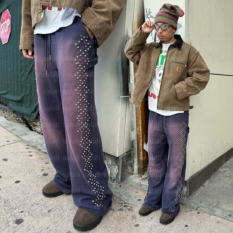 Custom Joggers Sweat Pants Men Crystal Rhinestone Oversized Straight Leg Cotton French Terry Baggy Acid Wash Flared Sweatpants