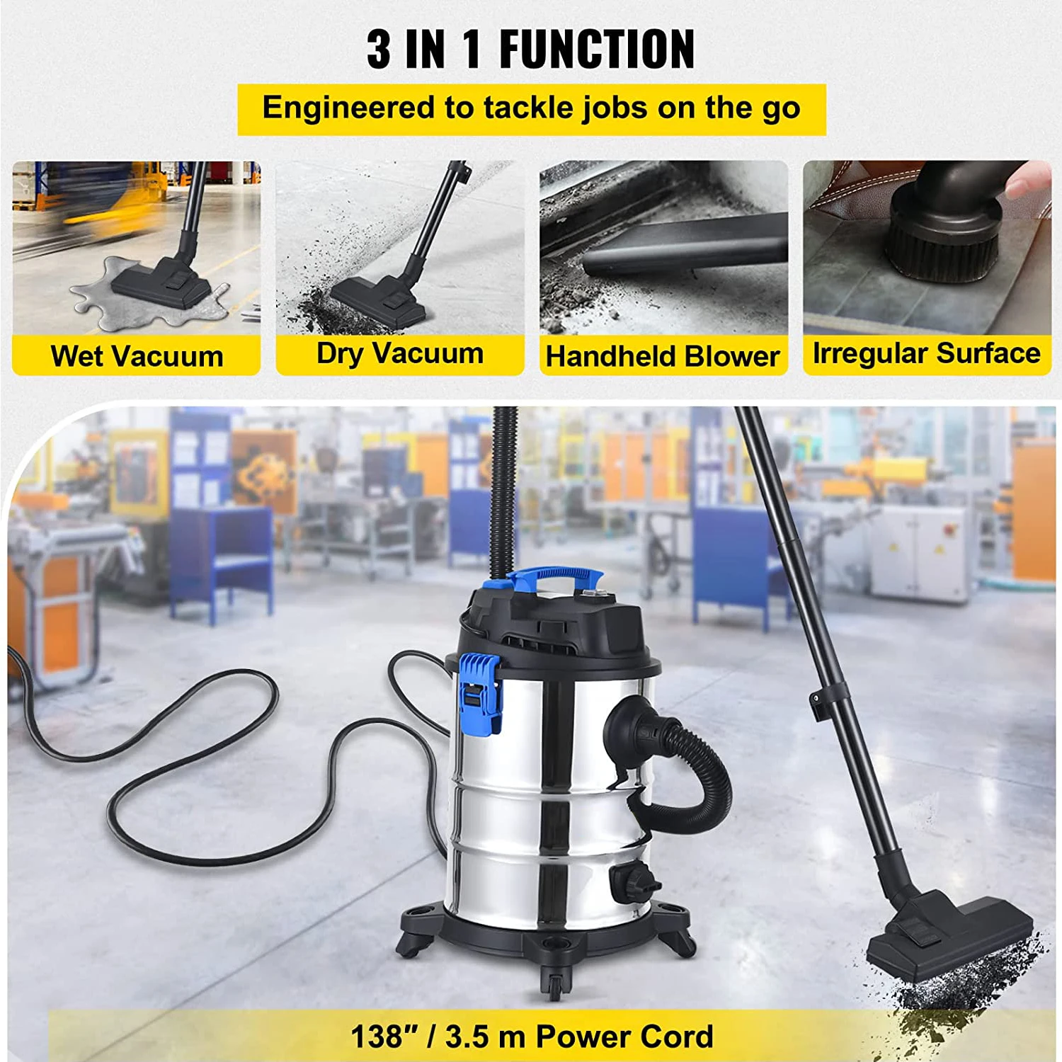 Aspirateur eau et poussière pour tapis et moquettes 1200W 20L