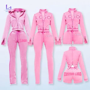 Huili Oem New Trending Zip up Jacket Custom logo Vintage Acid Wash Blank Sweatpants Two Piece Crop pink Hoodie Set for Women