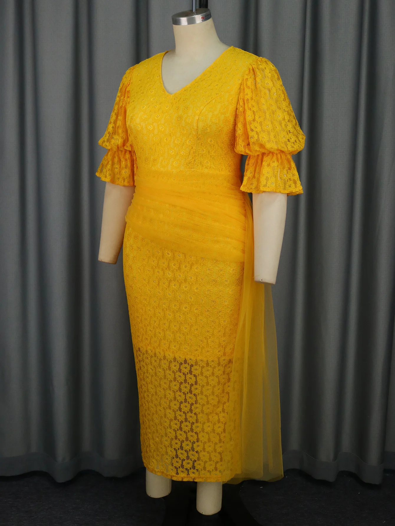 Fashion Design Women Midi Ghana Lace Dress Styles African Lace Dresses  Women Elegant Yellow Formal Lace Dress - Main Image