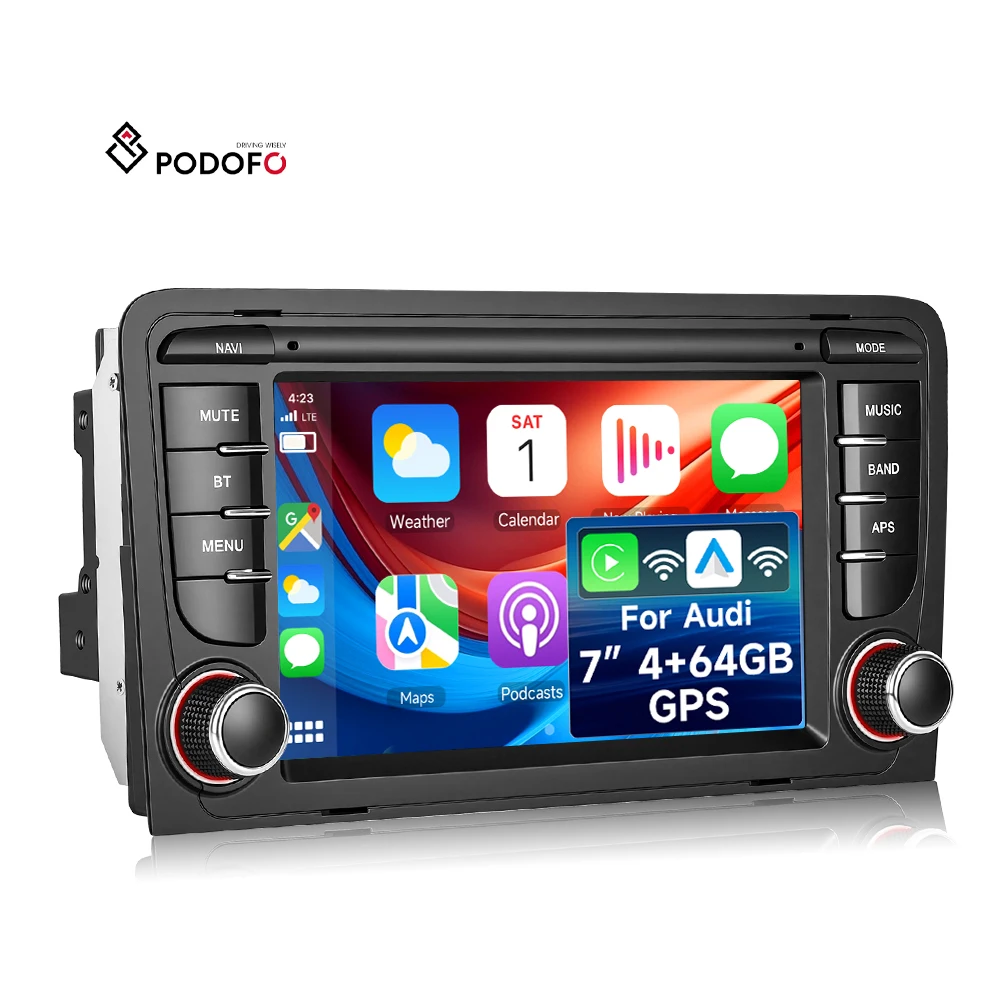 Автомобильное радио Podofo с Android, 7 дюймов, 4+64 ГБ, 2Din, для автомобилей Audi A3 8P, S3, RS3, беспроводная система CarPlay/Android Auto, GPS, Wi-Fi, USB + автомобильный стереоприемник с разъемом Type-C, ODM A4667
