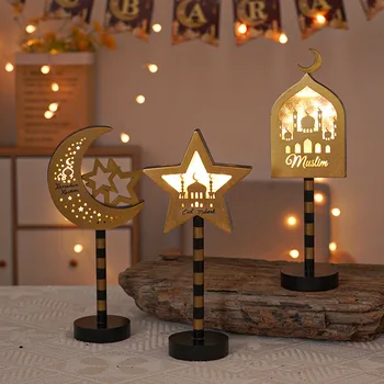 Wooden Ramadan Lamp Moon Star Led Eid Mubarak Table Lamps Muslim Light For Islamic Festival Gift Ramadan Decorations