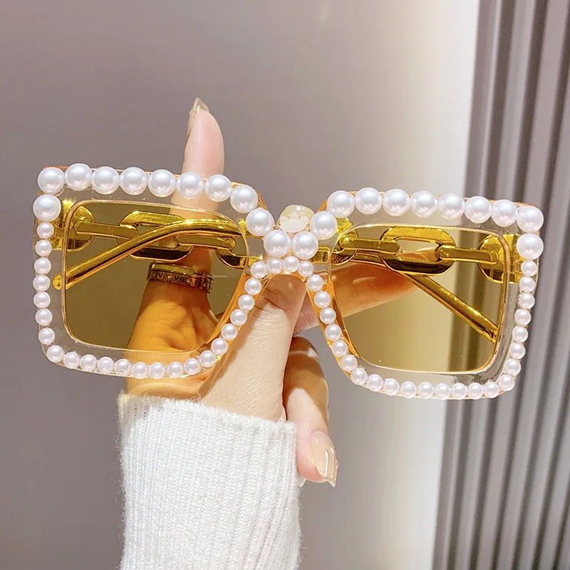 YL Luxury Rhinestone Pearl Square Sunglasses Women Pink  display picture 1