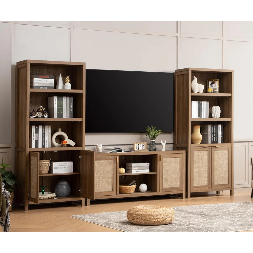 Boho Entertainment Center 59\" Media Console Rattan TV Console Cabinet Storage Shelf 26\" Tall Living Room TV Stand for TVs details