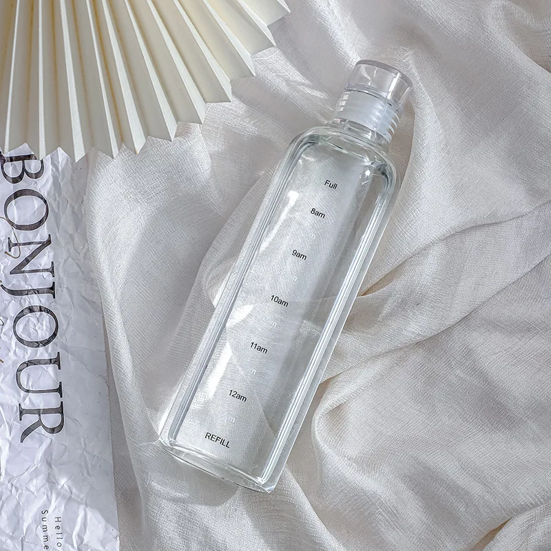 Simple Big Capacity Time Scale Transparent Circular Glass Beverage Water Bottle