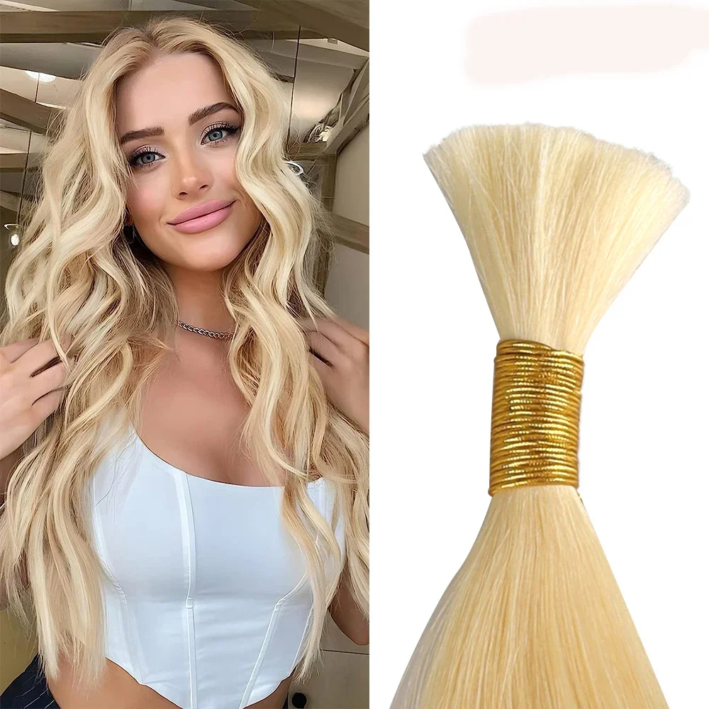Top Quality Brazilian Human Hair Bulk for Braiding 50g Straight Wave Color 613 Bleach Blonde Women_voghion.com