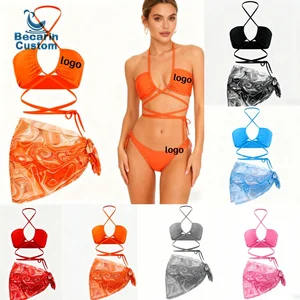 OEM Manufacturer Multi-Color Ruched Strapless Halter Bikini and Sarong Cove up 3 Piece Swimsuit Set Custom Logo Service