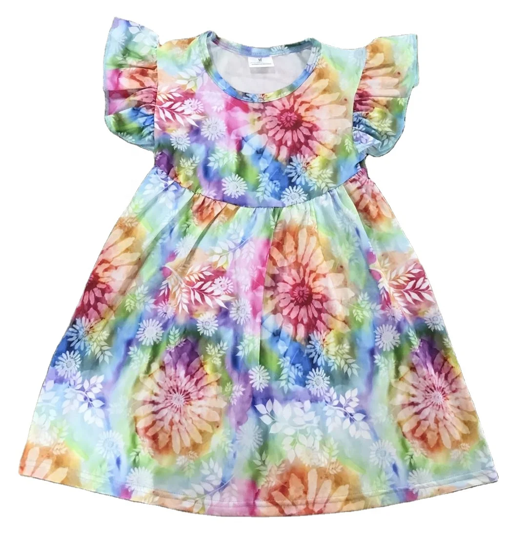 最新的儿童服装小女孩扎染向日葵全印花珍珠连衣裙