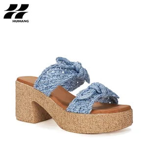 Boho Knitted Bow Strap Platform Slide Sandals Open Toe Height Increasing Waterproof Hard-Wearing for Summer Casual Outings