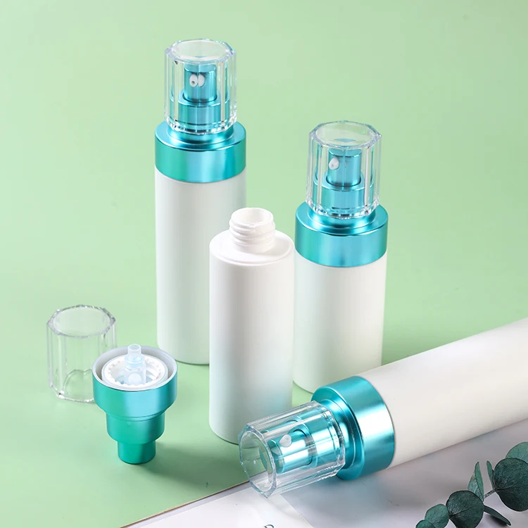 Round PP Skincare Airless Pump Spray Bottle for lotion with Blue Aluminum Pump Lid 30ml 50ml 80ml 100ml 120ml