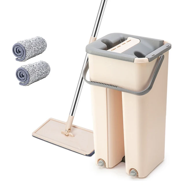 Microfiber Mop Pads With Flat Squeeze Bucket Hand-Free Floor Wash Tool Stainless Steel Pole Plastic Head for Hardwood Cleaning