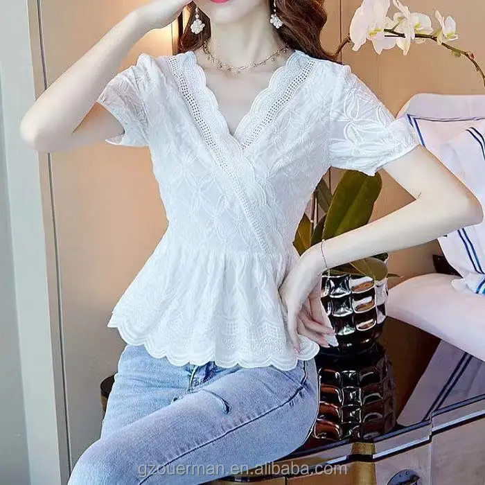 Elegant Women V-Neck Shirt Korean Fashion Cotton Blouses Shirts