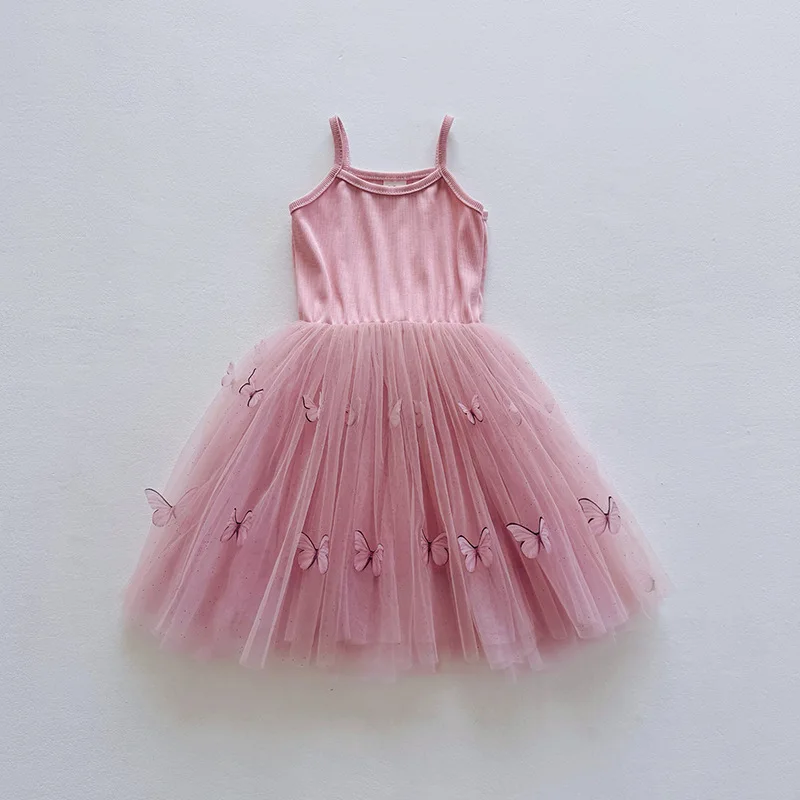 Girls Sweet Princess Dress for Summer Pink Bead Ruffle Edge Collar Sleeveless Back Zipper Dresses Child Clothes