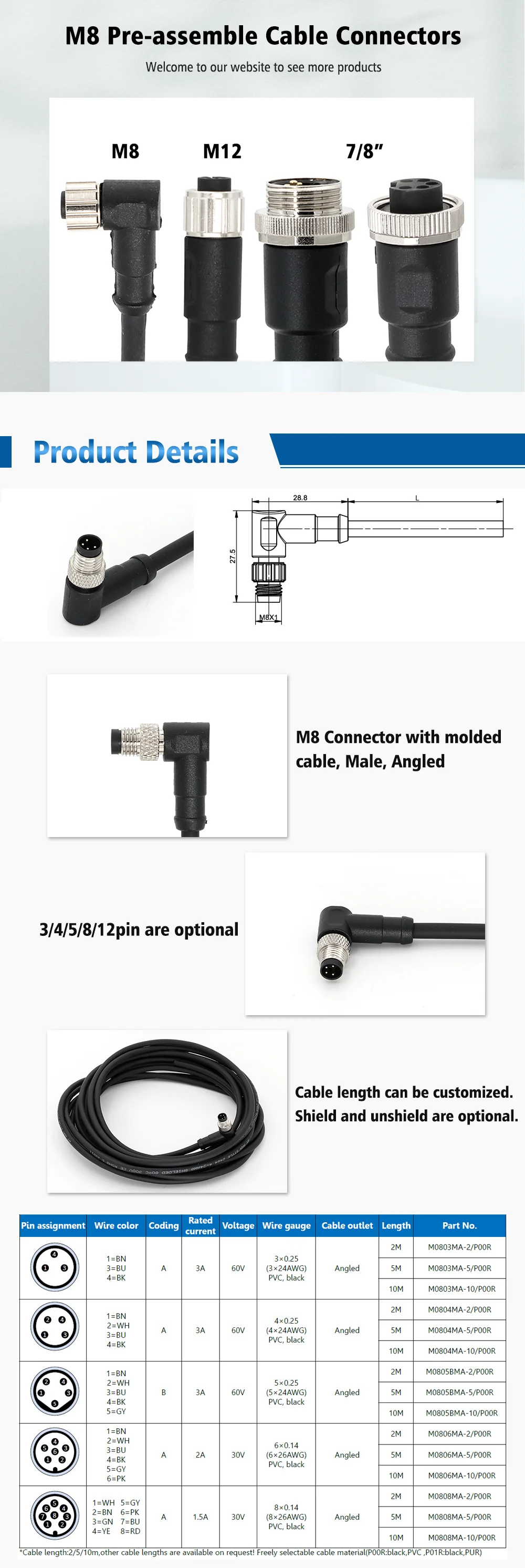 KRONZ Pre-assembled M8 Male Connector with Molded Cable IEC 61076-2-101 Standard Black Gold-plated Contacts