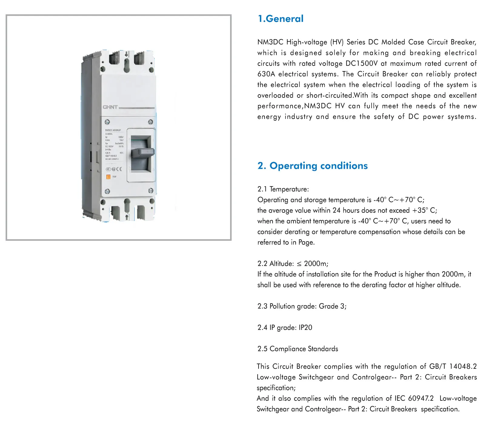 Chint NM3DC 1500VDC High voltage MCCB 2P 200A 225A 250A 300A 315A 350A 400A 500A 630A 1500V DC HV Moulded Case Circuit Breaker