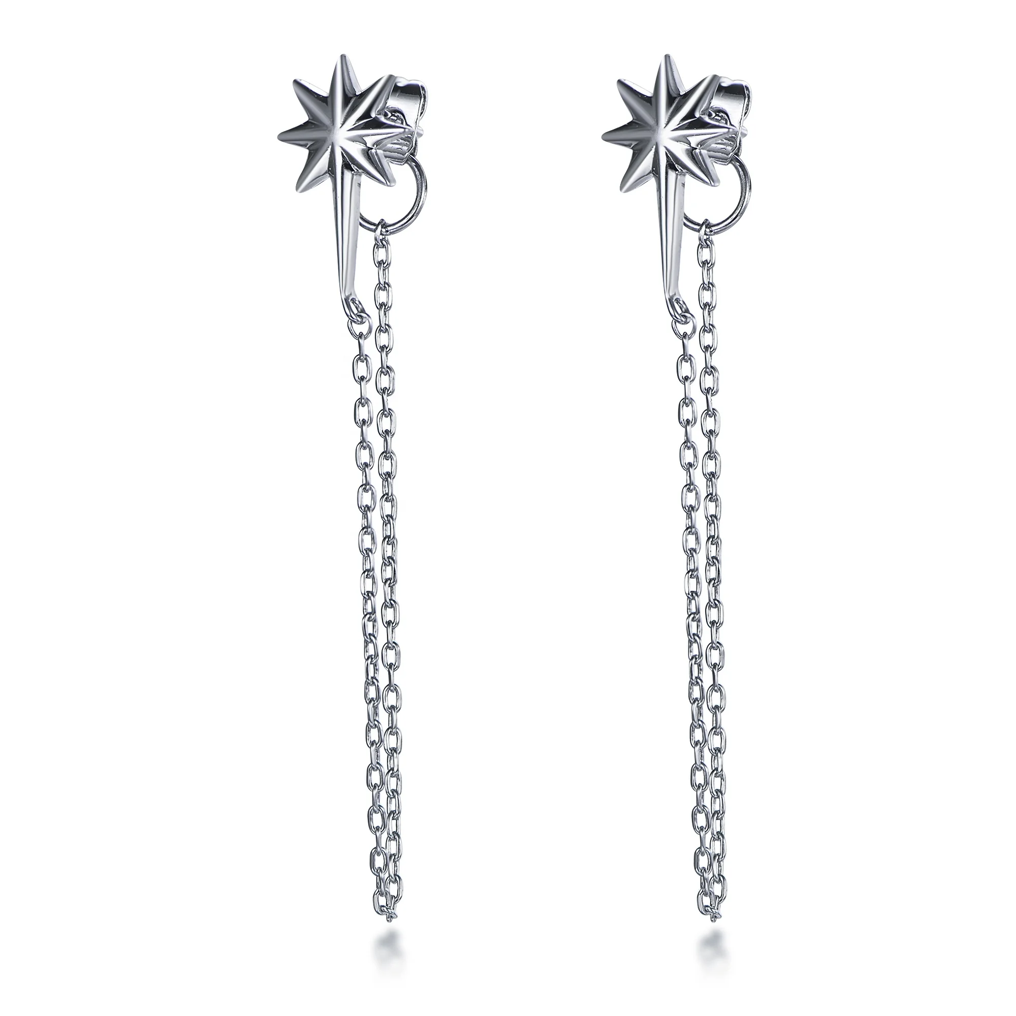 Women mens double piercing ear ring clip on chain earrings star cuff with long chain earrings dangle drop link chain earrings