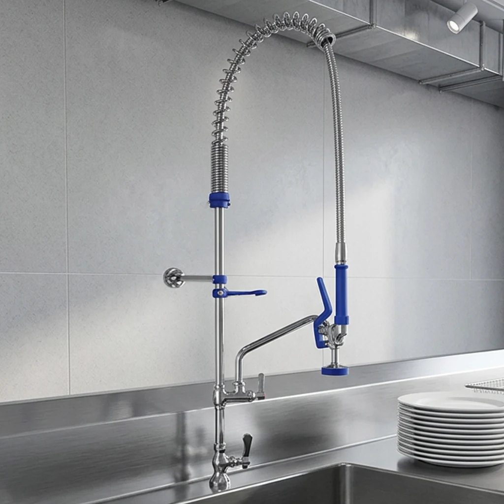 Commercial Modern Pre Rinse Single Handle Flexible Hotel Kitchen Faucet Pull Down Sprayer Deck Mounted Brass Tap for Mall Dining