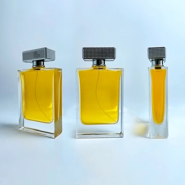Professional Custom Clear Empty Rectangular Flat Square Arabic Design Luxury Glass Refillable Spray Perfume Fragrance Bottle