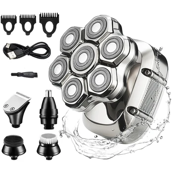 Head Shavers 5 in 1 Electric Razor Waterproof for Bald Men Wet Dry LED Display Rechargeable 7D Rotary Shaver Grooming Kit