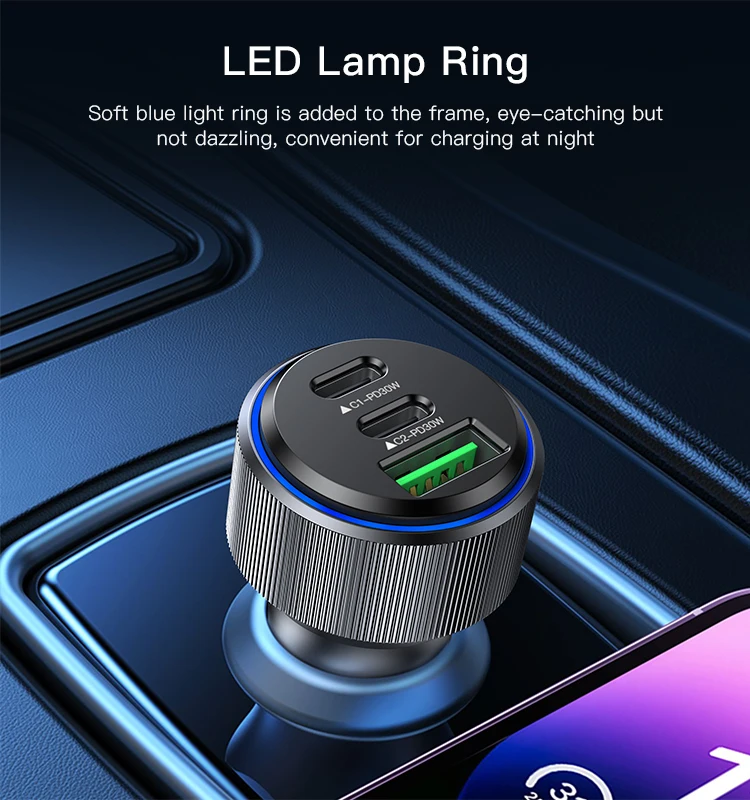 Yesido Brand-new 30W USB And 2 Type-C Three Ports Fast Chargeing LED Lamp Ring Aluminium Alloy Car Charger