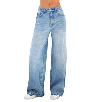 wholesale china loose Straight tube light blue wide leg Washed denim baggy jeans for beautiful girls
