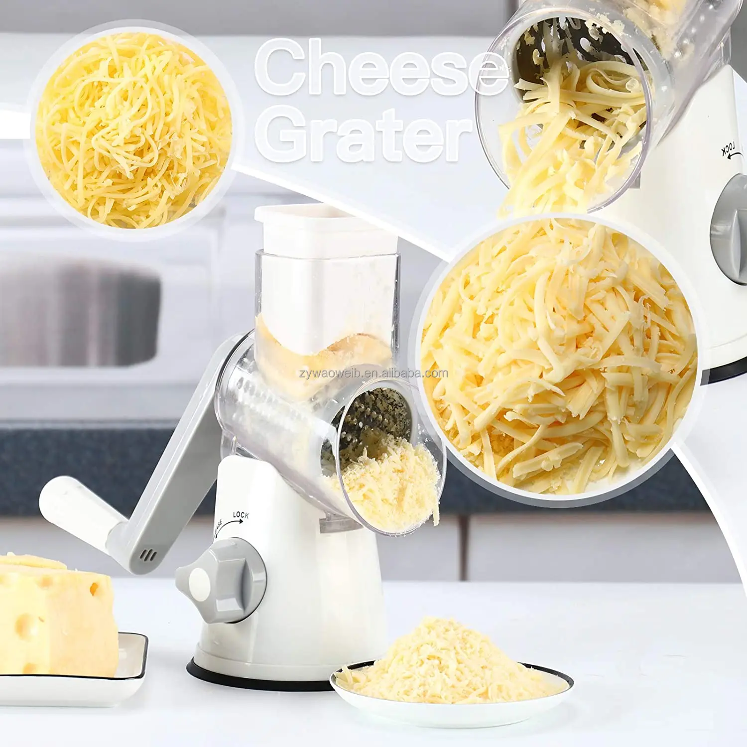 Rotary Cheese Grater Shredder 3 Multi Blade Manual Vegetable Slicer with Non-slip Suction Base Nuts Grinder Cheese Shredder With