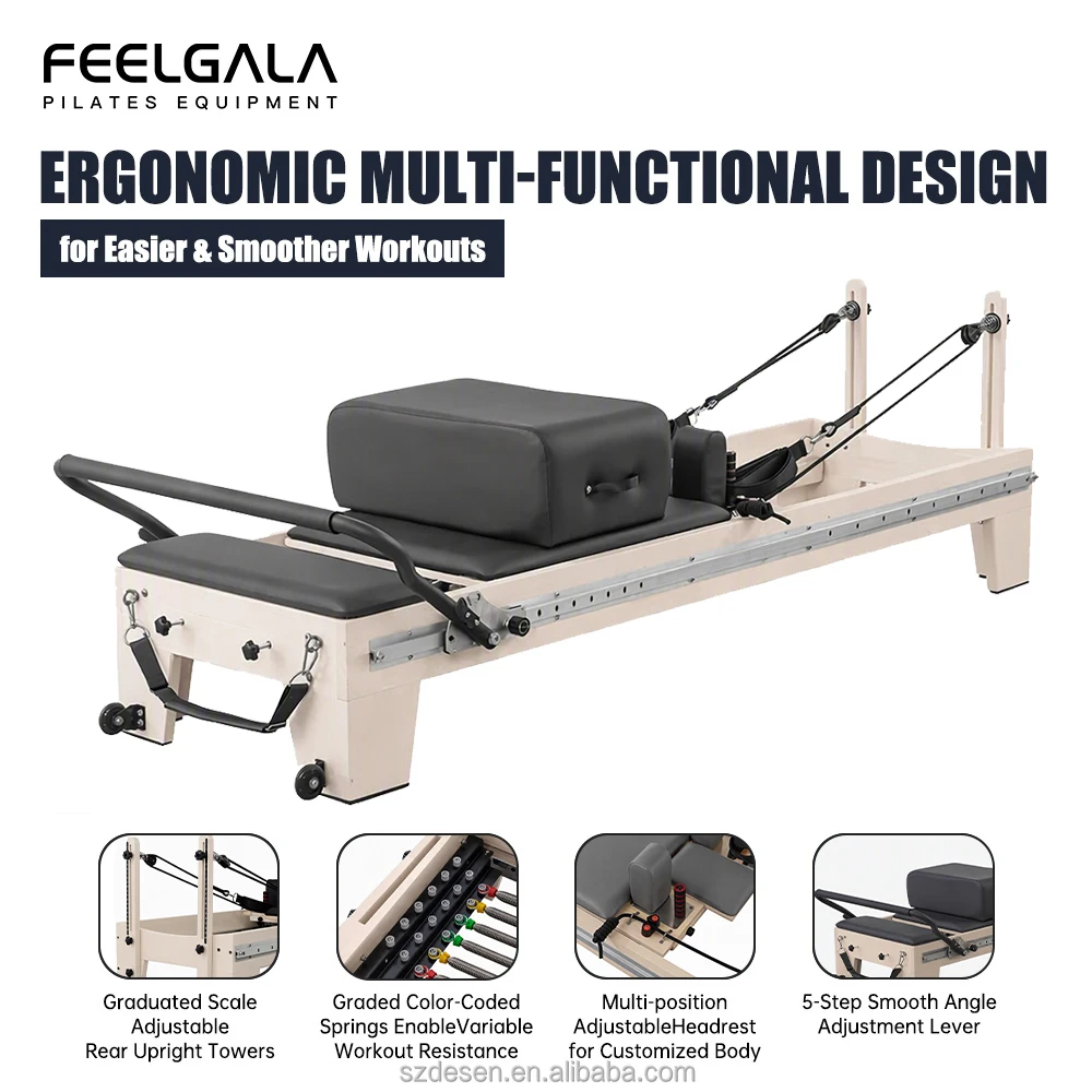 Adjustable Eco-Friendly Pilates Reformer for Yoga Studio Gym Maple Core Bed and product detail 3