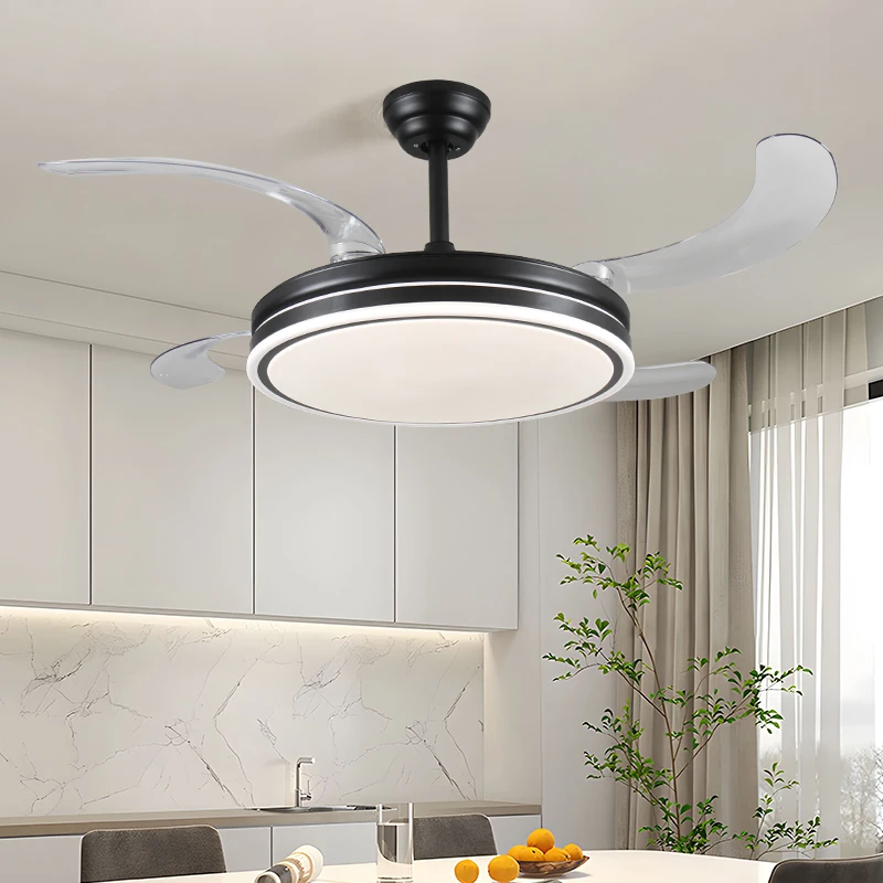 HC732 Bahay Smart Remote Control 42 Pulgadas Itim Disenyo Invisible Ceiling Led Chandelier Lamp with Fan