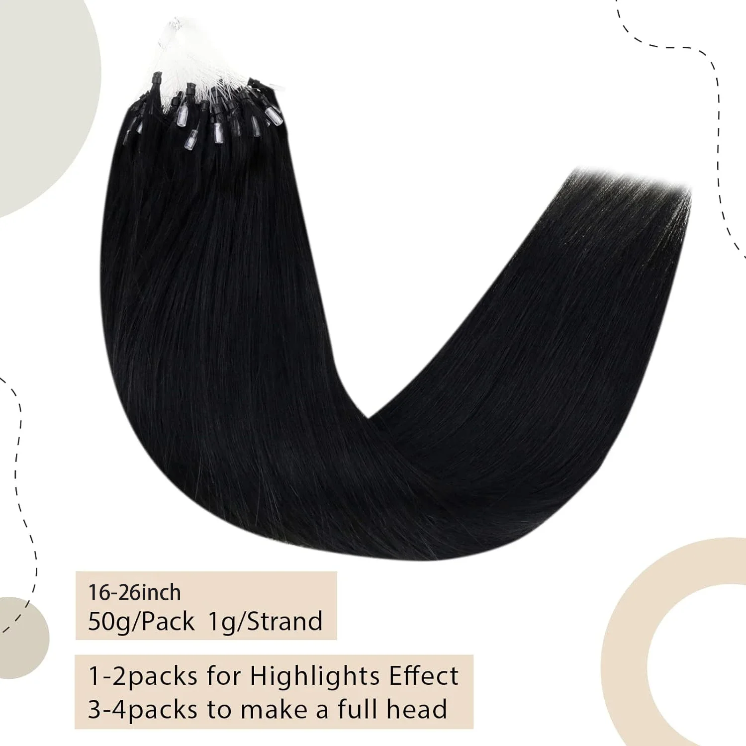 Micro Loop Echthaar-Extensions, Micro Ring Fish Line Link Haarverlängerungen, Kaltfusion Remy-Haar für Frauen, Farbe Nr. 1B, 16-26 Zoll_voghion.com